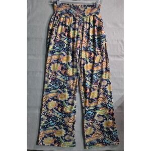 Urban Coco Paisley Wide Leg Boho Pants Navy Blue Multicolor Smocked Waist Small